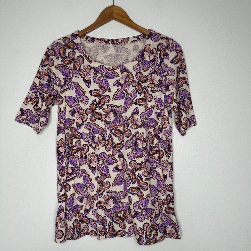 J Jill Pima Slub Cotton Tee Top Size S Butterfly Print Novelty